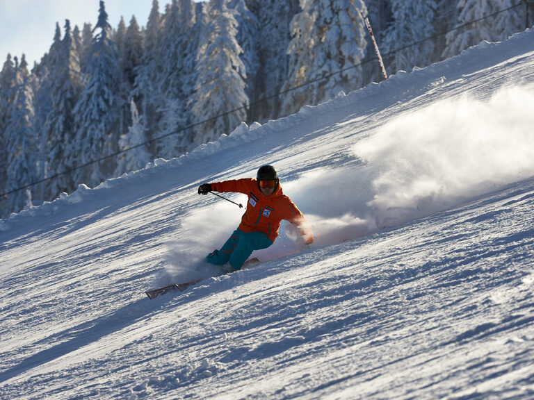 Ein Schifahrer genießt die winterliche Piste am Großen Arber.